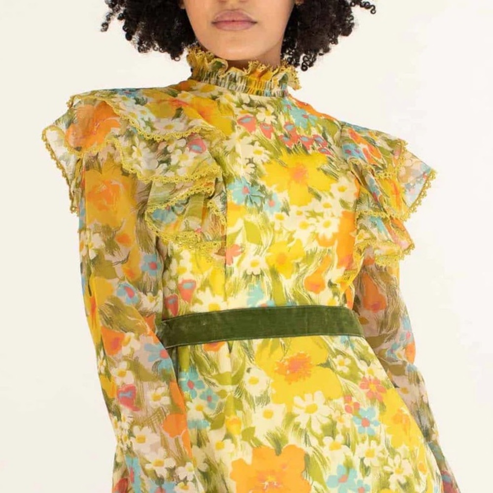 Vintage 1970s Edwardian prairie maxi dress -green Floral Ruffle Dress - Picture 5 of 14